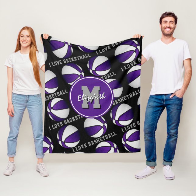girls sports decor I love basketball purple white Fleece Blanket (In Situ)