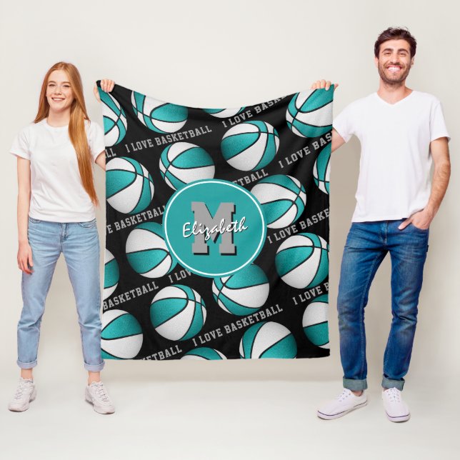 girls sports I love basketball lt teal white Fleece Blanket (In Situ)