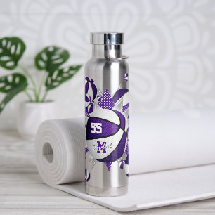 girl's sports purple white basketballs stars water bottle