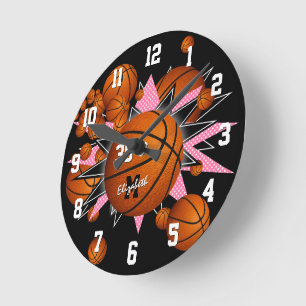 girls sports room decor basketballs stars round clock