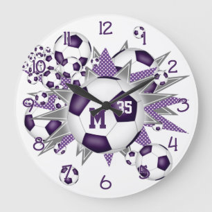 girls sports soccer balls w purple grey stars large clock