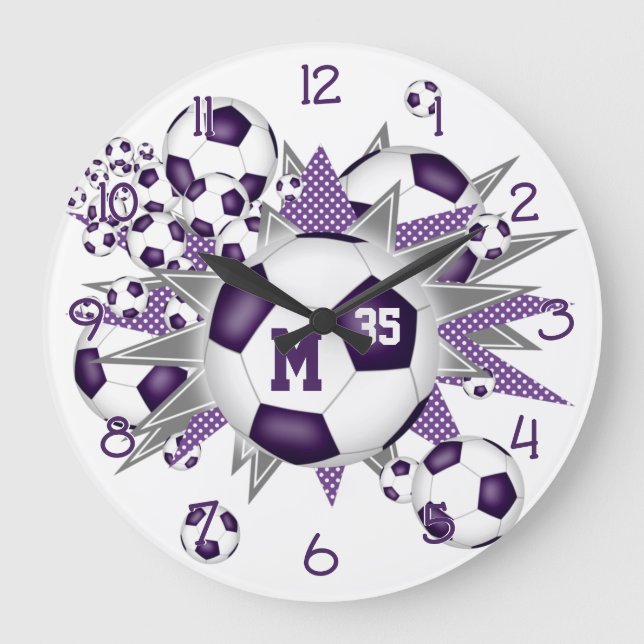 girls sports soccer balls w purple grey stars large clock (Front)