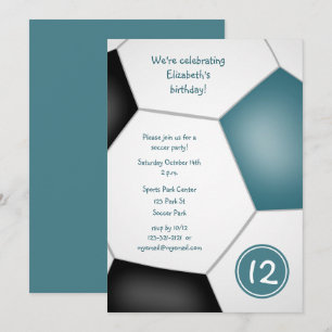 girls sports teal black soccer birthday party invitation