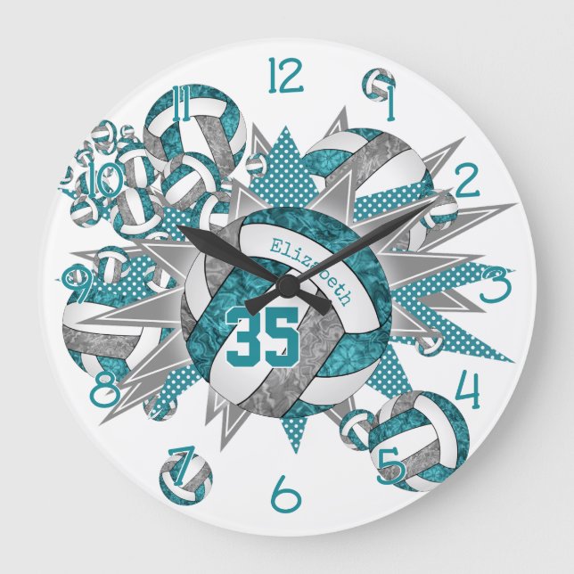 girls sporty teal grey volleyball blowout large clock (Front)