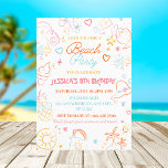 Girls Summer party| Colourful Beach Birthday Invitation<br><div class="desc">Make a splash with this vibrant and fun beach party birthday invitation, perfect for a girl's summer birthday celebration! Featuring playful doodles of pineapples, ice cream, sunglasses, beach hats, and more in pastel orange, pink, and blue tones, this tropical-themed invitation is ideal for kids' pool parties or seaside gatherings. Customisable...</div>