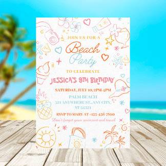 Girls Summer party| Colourful Beach Birthday Invitation