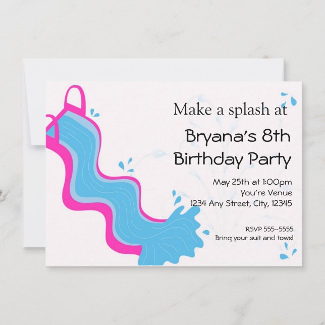 Girls Summer Swim Pool Pink Water Slide Party Invitation (Front)