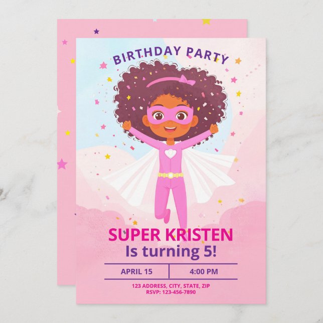 Girl's Super Hero Birthday Invites - Editable (Front/Back)