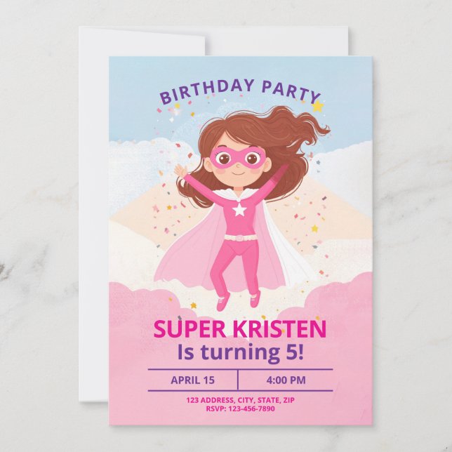 Girl's Super Hero Birthday Invites - Editable (Front)