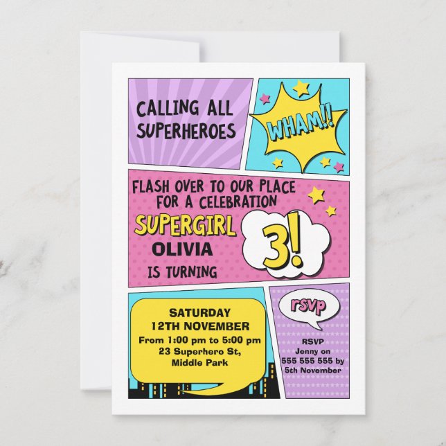 Girls Superhero 3rd Birthday Invitation (Front)