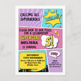 Girls Superhero 5th Birthday Invitation