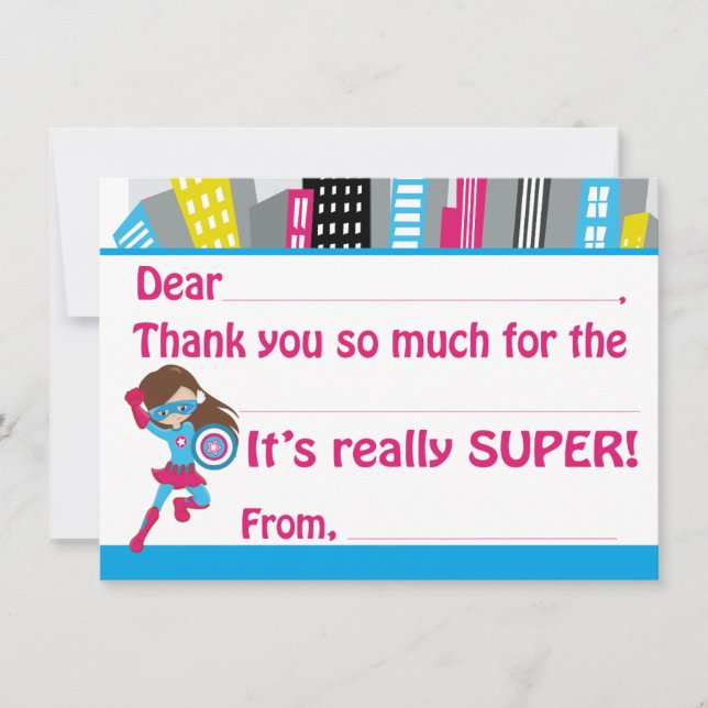 Girls Superhero Birthday Fill in Thank You Cards (Front)