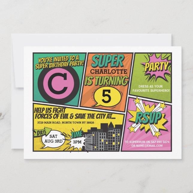 Girl's Superhero Invitation Pink Party Invite (Front)