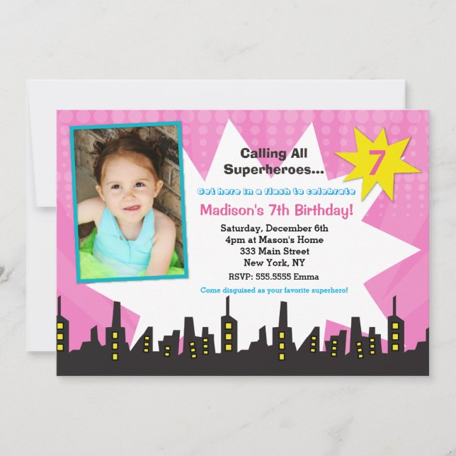 Girls  Superhero Photo Birthday Party Invitations (Front)