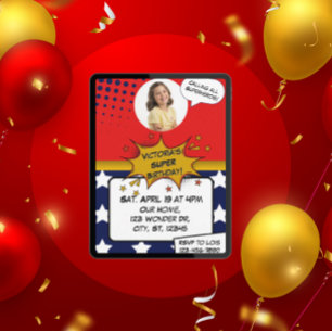 Girls Superhero Red, Blue, Gold & Stars Birthday Invitation
