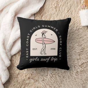 Girls surf trip surfing summer retro black pink cushion