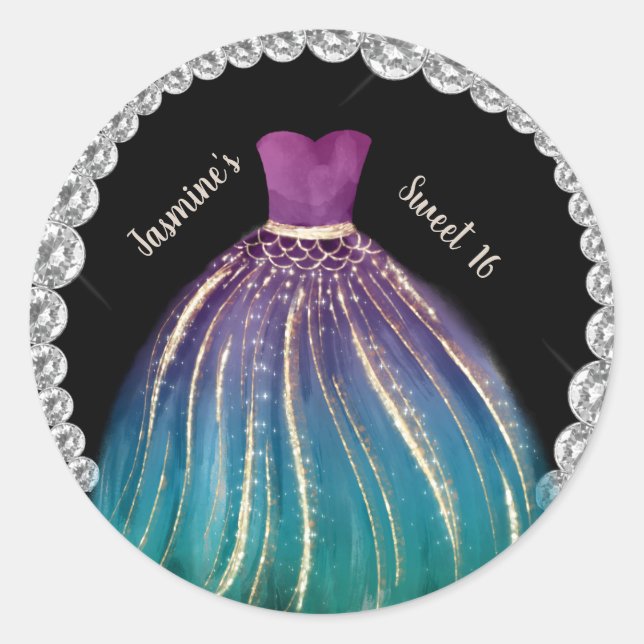 Girls Sweet 16 Ombre Dress and Rhinestones   Classic Round Sticker (Front)