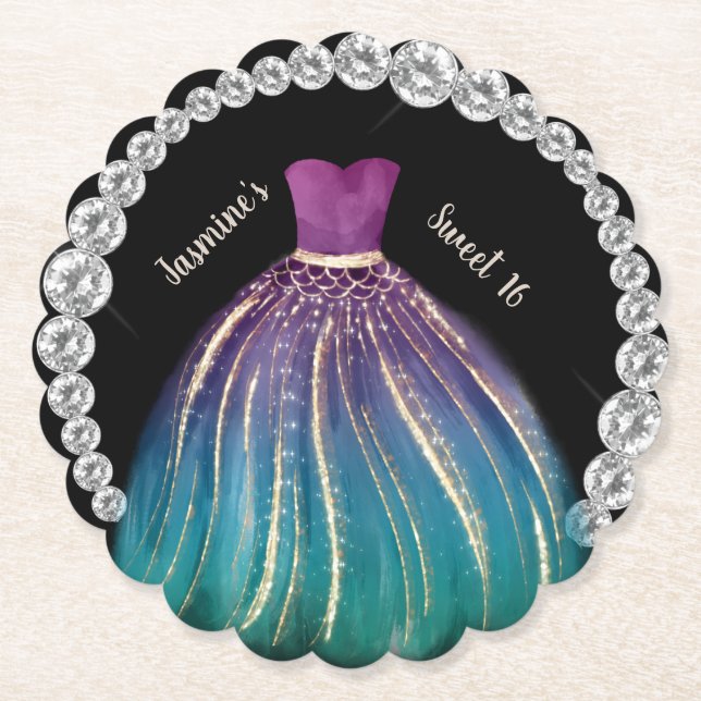 Girls Sweet 16 Ombre Dress and Rhinestones    Paper Coaster (Front)