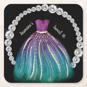 Girls Sweet 16 Ombre Dress and Rhinestones Square Paper Coaster