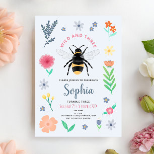 Girls Sweet Bee Wildflower Wild and Three Birthday Invitation