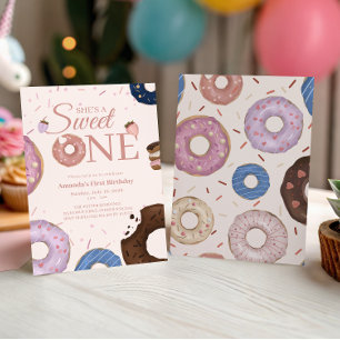 Girls Sweet ONE Doughnut Pastel First Birthday Invitation