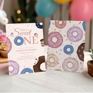 Girls Sweet ONE Doughnut Pastel First Birthday Invitation