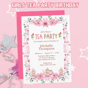 Girls Tea Party 5th  Birthday   Invitation