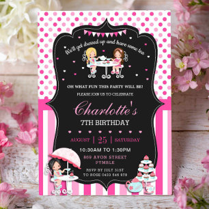 Girls Tea Party Birthday Hot Pink Polka Dots Invitation