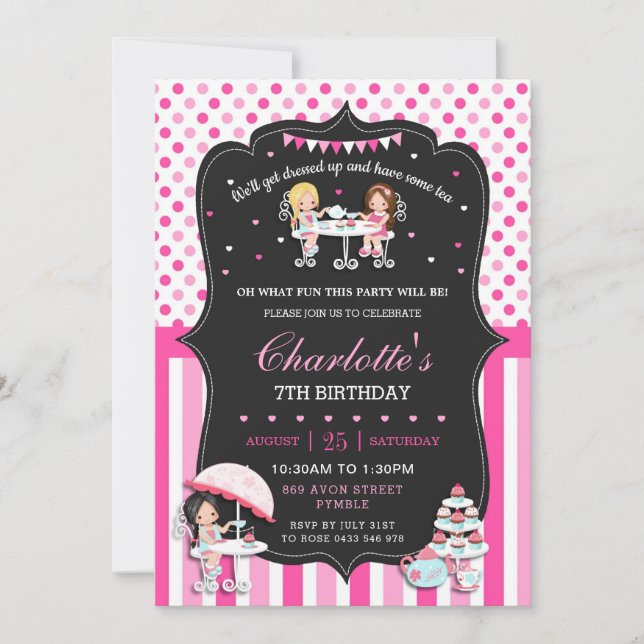 Girls Tea Party Birthday Hot Pink Polka Dots Invitation (Front)