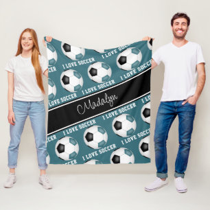 girls teal black soccer balls text pattern fleece blanket