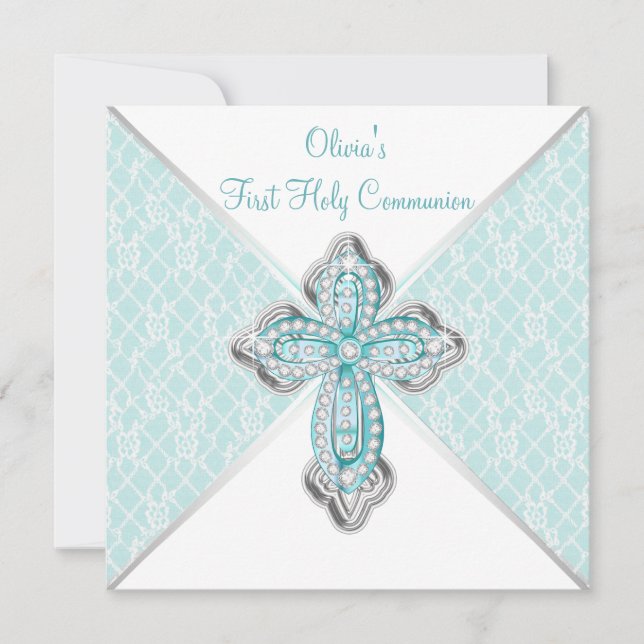 Girls Teal Blue First Holy Communion Invitation (Front)