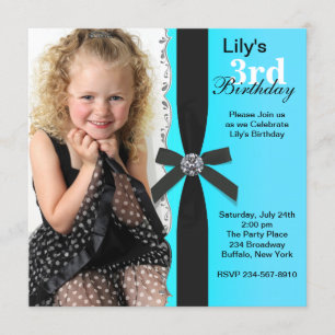 Girls Teal Blue Photo Birthday Party Invitation