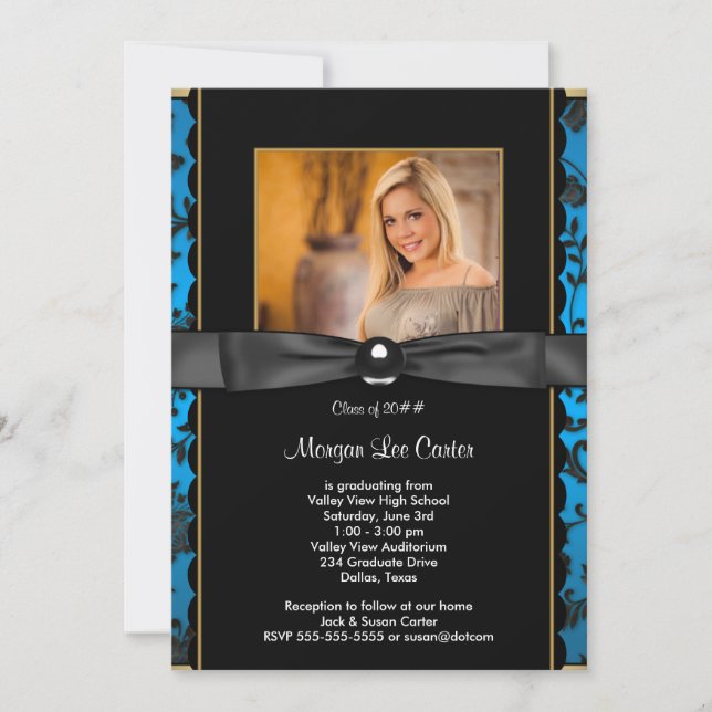 Girls Teal Blue Photo Graduation Announcement (Front)