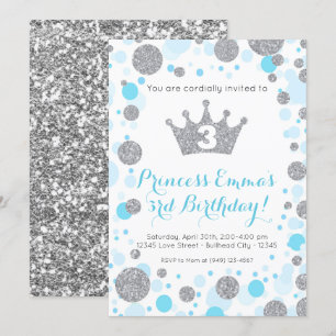 Girl's Teal Blue Silver Glitter Princess Birthday Invitation