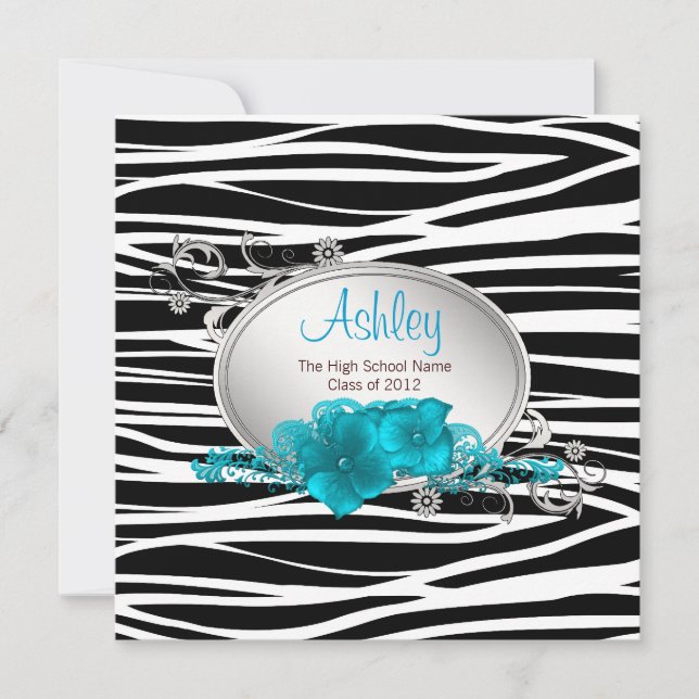 Girls Teal Blue Zebra Graduation Announcements (Front)