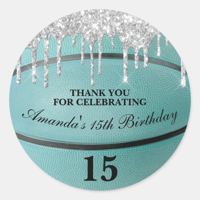 Girls Teal Glitter Drip Basketball Party Favour Classic Round Sticker (Front)