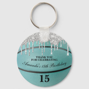 Girls Teal Glitter Drip Basketball Party Favour Key Ring