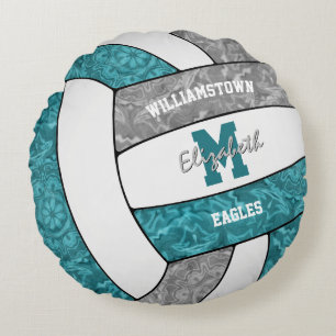 Girls teal grey volleyball team colours gift ideas round cushion