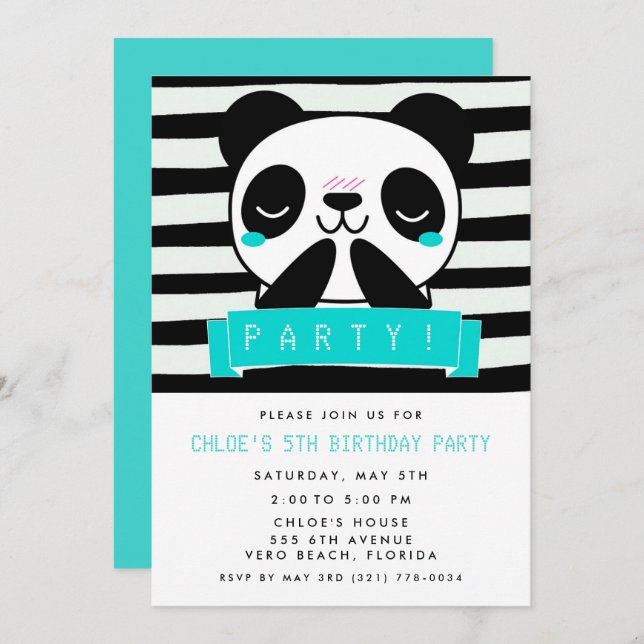 Girl's Teal Panda 5th Birthday Party Invitation (Front/Back)