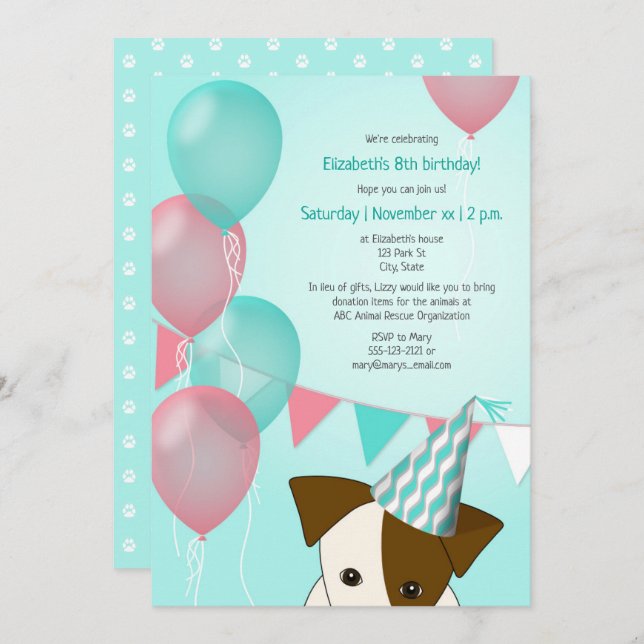 girls teal pink balloons puppy birthday party invitation (Front/Back)