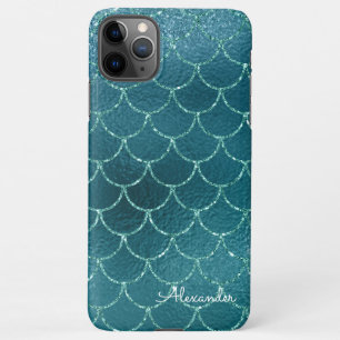 Girls Teal Turquoise Mermaid Scales Monogram Named iPhone 11Pro Max Case