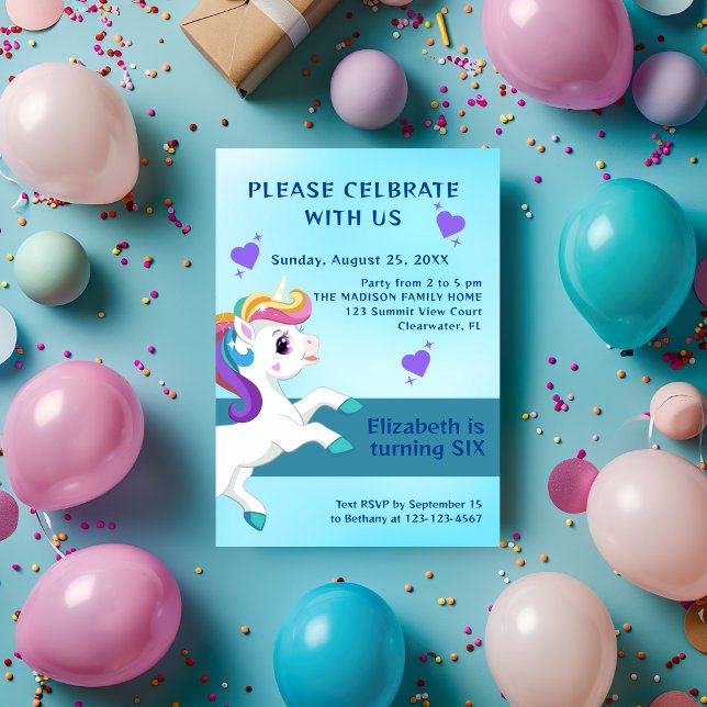 Girls Teal Unicorn BIrthday Invitation (Creator Uploaded)