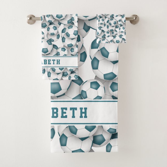 Girls teal white soccer balls pattern personalised bath towel set (Insitu)