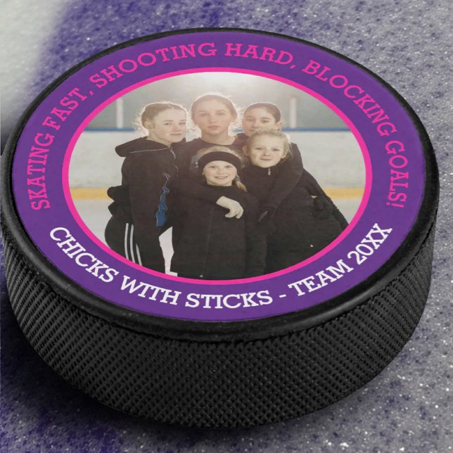 Girls team photo and slogan purple pink  hockey puck (Creator Uploaded)
