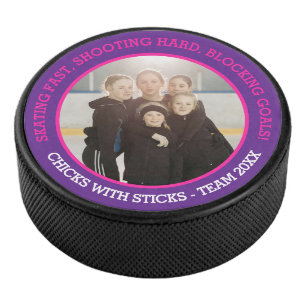 Girls team photo and slogan purple pink hockey puck