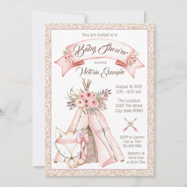 Girls TeePee Fox Tribal Baby Shower Invitations (Front)