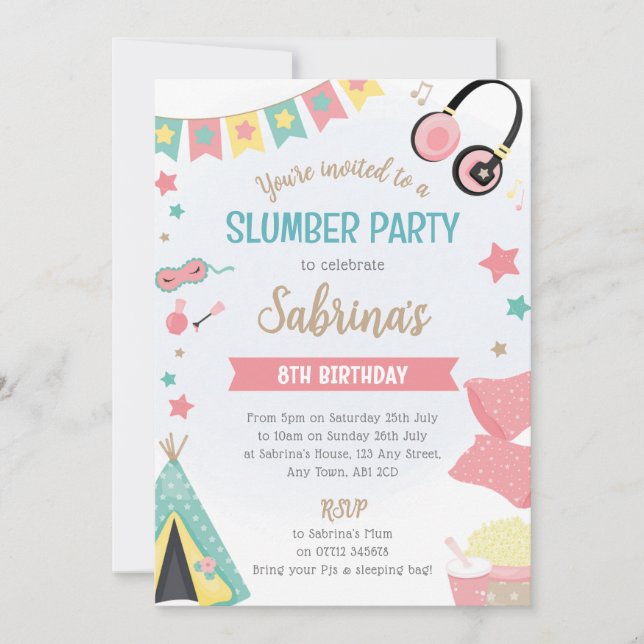 Girls Teepee Sleepover Invitation - Slumber Party (Front)