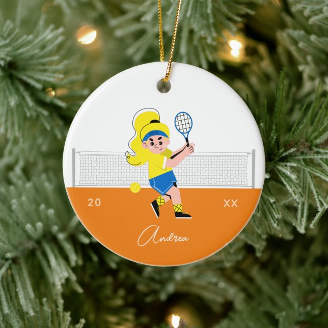 Girl's Tennis Player Blonde Hair Kid's Name & Year Ceramic Ornament (Tree)