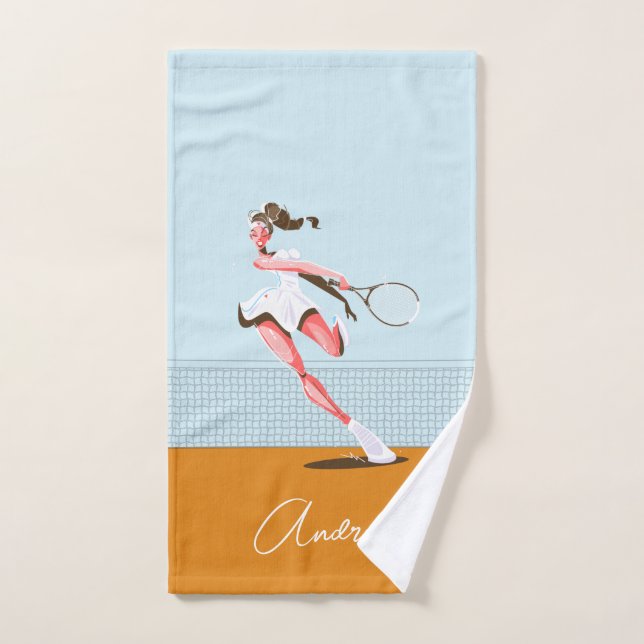 Girl's Tennis Player Cartoon Illustration & Name Hand Towel (Hand Towel)