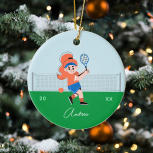 Girl's Tennis Player Ginger Hair Kid's Name & Year Ceramic Ornament